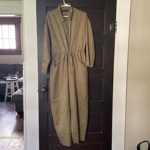 Jumpsuit with tie waist, olive green, oversized, soft.